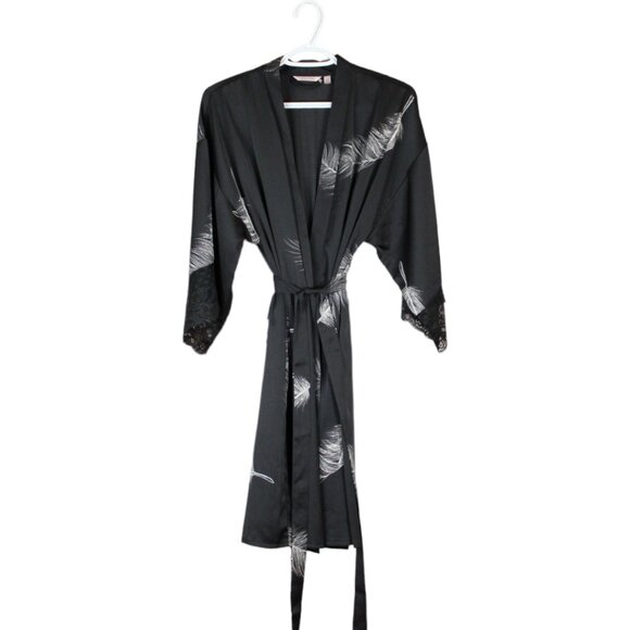 La Vie en Rose Luxury Lace Detail Satin Kimono Small Black White 3/4 Sleeve SW48 - Picture 6 of 7
